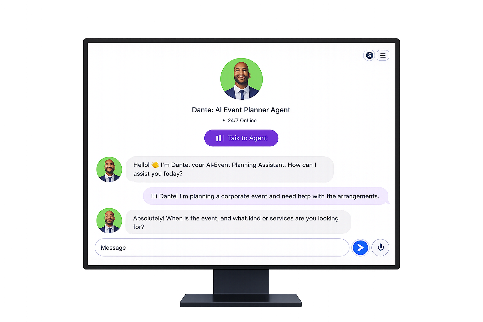 Kiosk screen showing an AI agent ready to help visitors