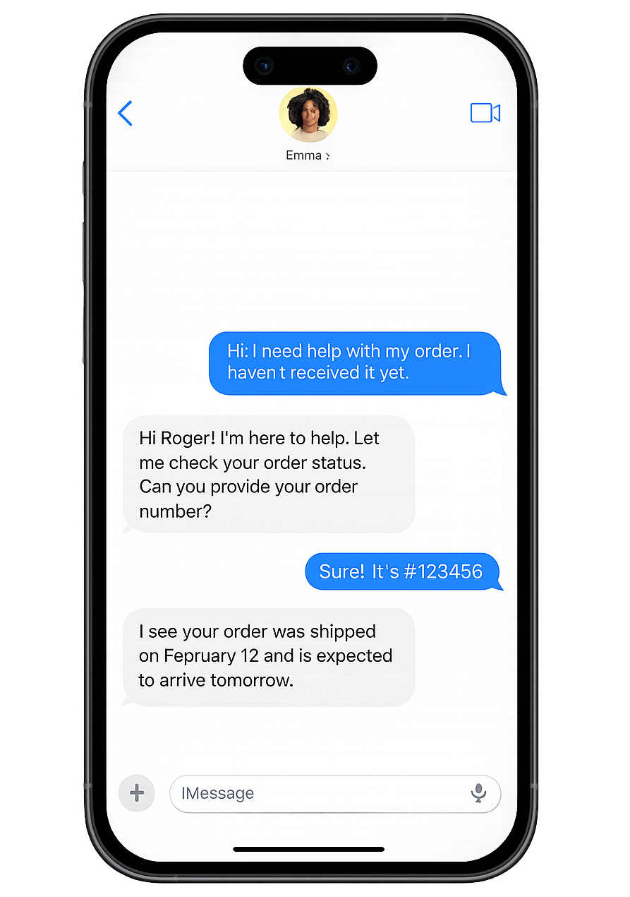Phone screen showing SMS conversation between AI agent and customer