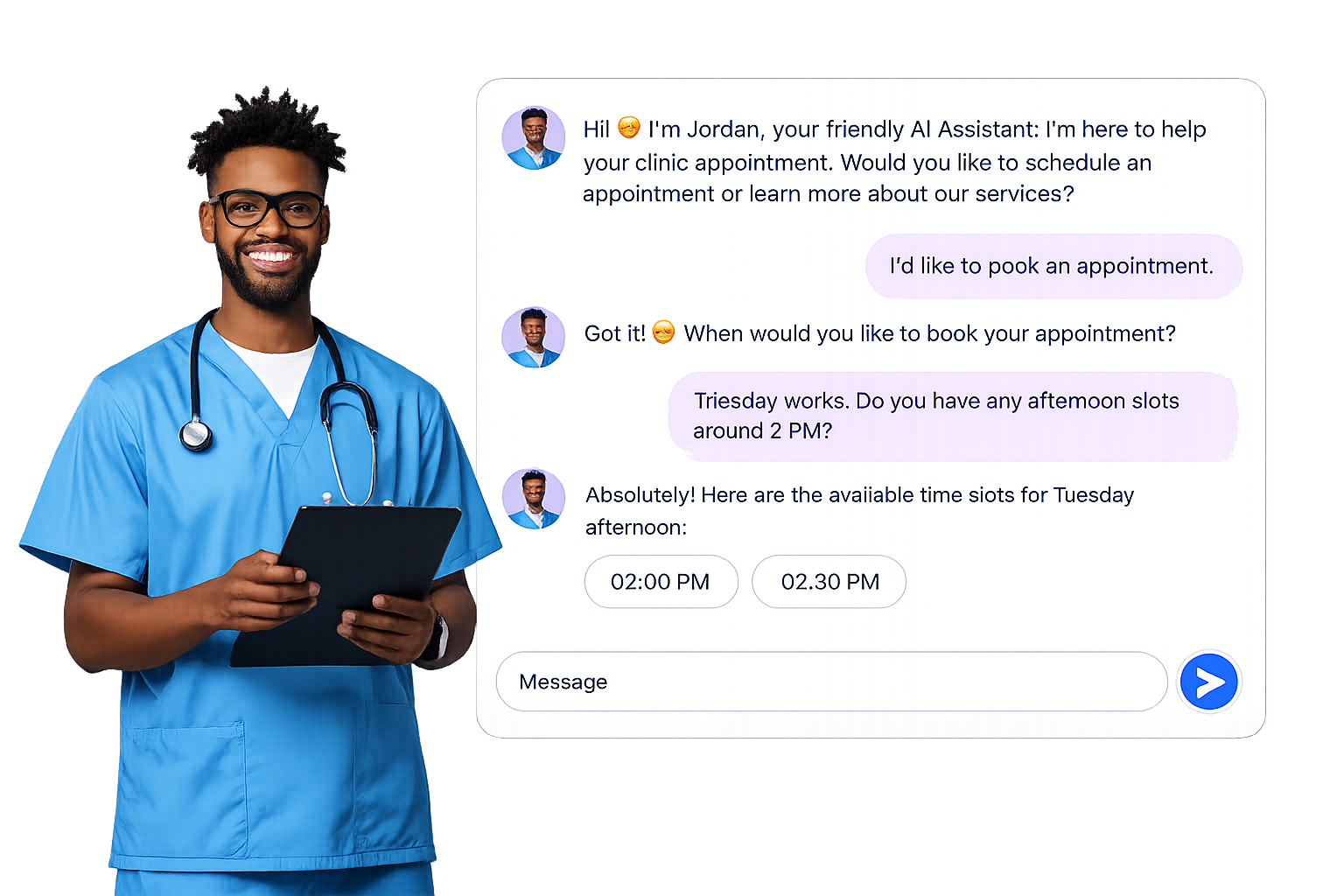Standalone AI chat showing a helpful conversation about booking and support