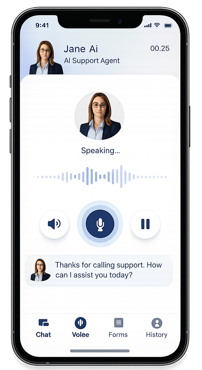 Phone screen showing an AI voice support conversation